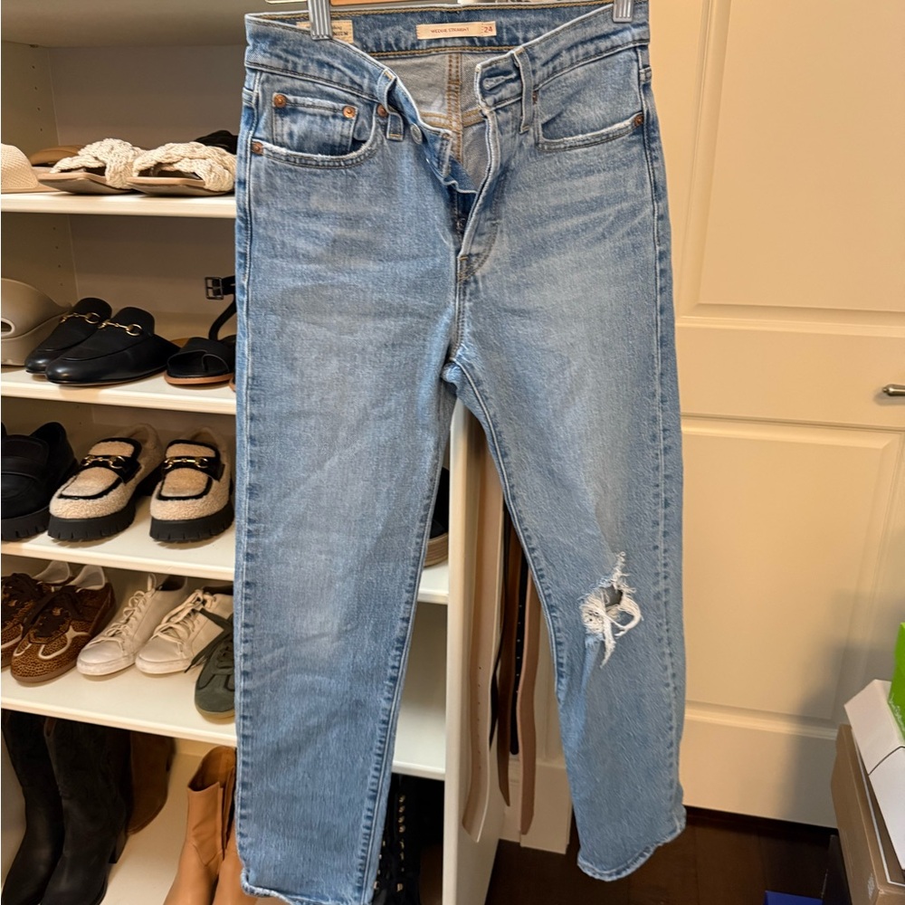 Levi's Blue Straight Leg Jeans with Distressed Detail